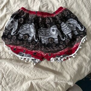 Elephant Print Pom Trim Shorts in Black & Red